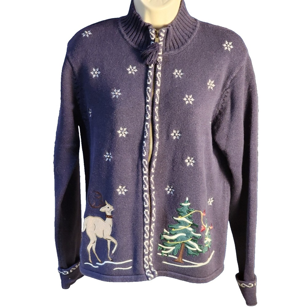 Crystal-Kobe Women's L Ugly Christmas Sweater Full Zip Reindeer Snowflakes